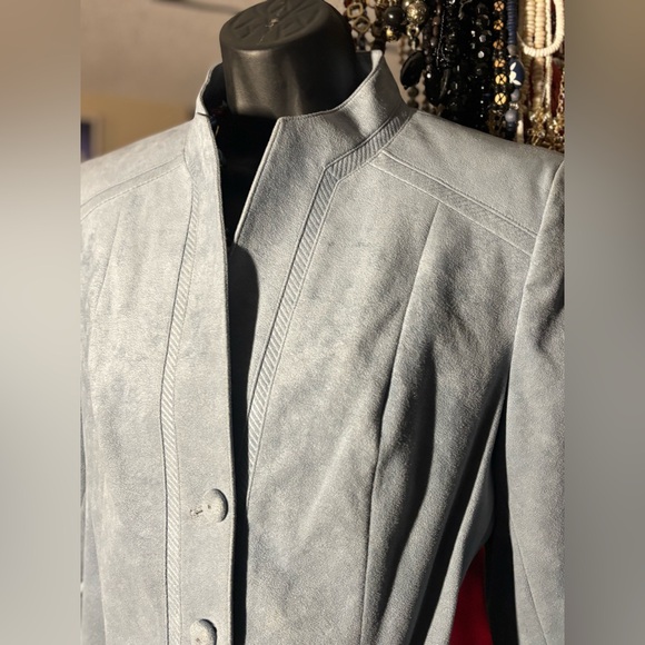 Vintage Made in Canada Faux Suede Belted Jacket • Mandarin Collar • Blue Blazer - Picture 8 of 16